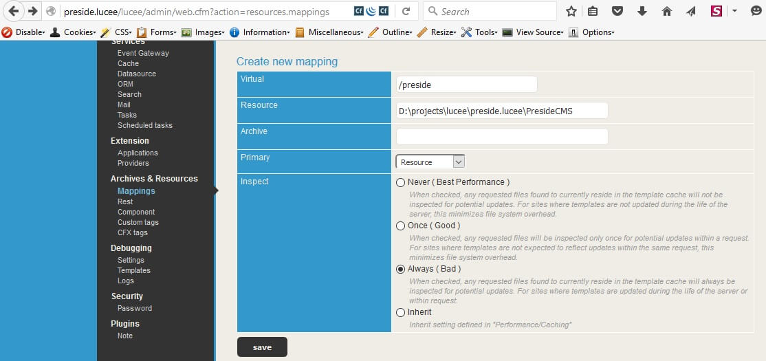 Lucee mapping for PresideCMS core