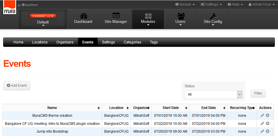 MuraCMS Events Manager Plugin - List Page